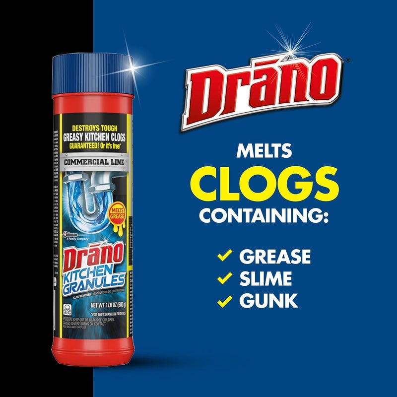 Drano Kitchen Granules Drain Clog Remover and Cleaner, Unclogs Blockage from Grease or Cooking Oil, Commercial Line, 17.6 Oz - Image 2